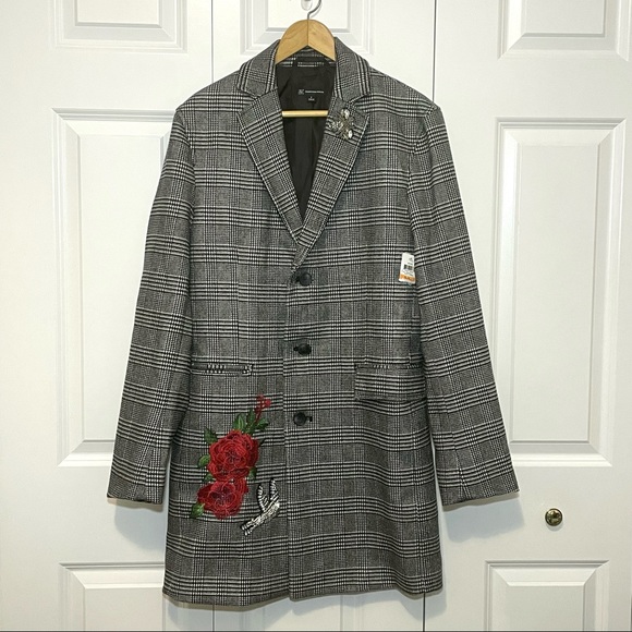 INC Glen Plaid Pea Coat Black White Embellished Small Rose Embroidery - Picture 11 of 12